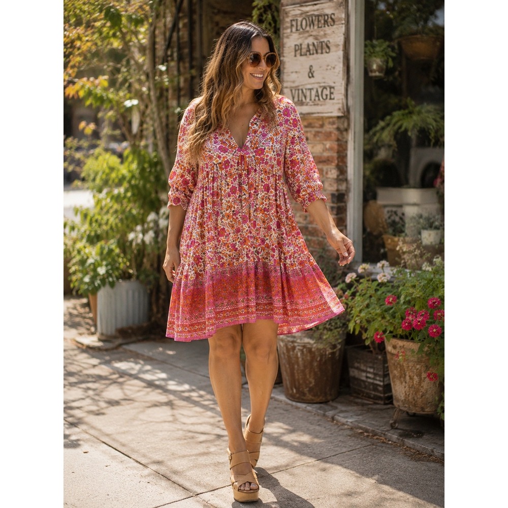 Natural Life Womans XL Dress Floral Short Sleeve Tier Pink Orange